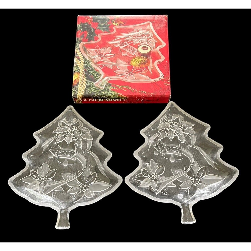 Set Of 2 Mikasa Savoir Vivre Festive Bouquet 7.5” Christmas Tree Glass Dish NIB